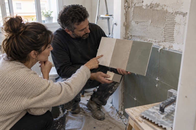 Clienta y alicatador comparando muestras de azulejos y juntas en un baño en obras