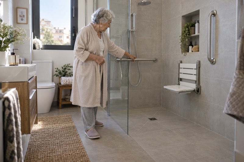Mujer mayor comprobando una barra de apoyo en una ducha accesible sin escalón