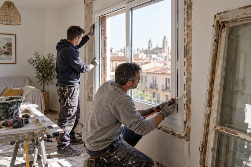 Operarios instalando y sellando el marco de una ventana nueva en un piso