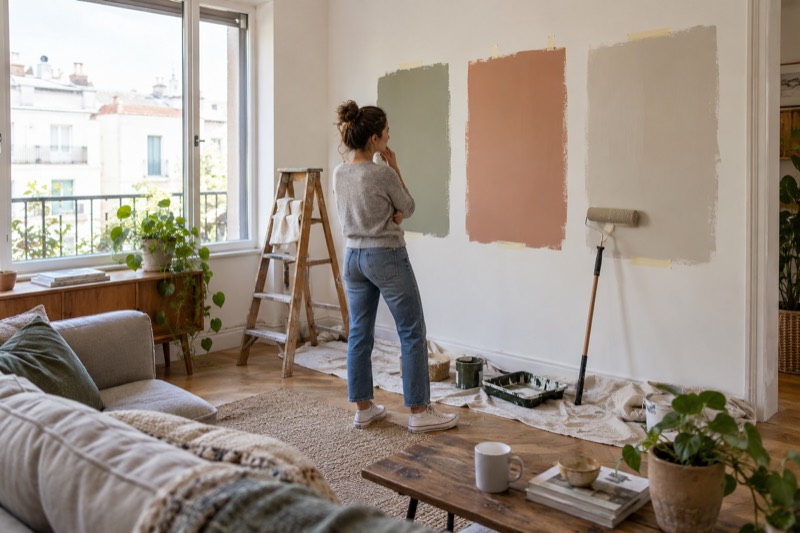 Mujer comparando tres muestras de pintura en la pared de su salón con luz natural