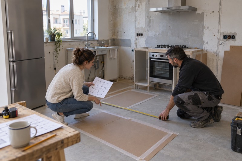 Clienta e instalador midiendo los recorridos de una cocina antes de colocar los muebles
