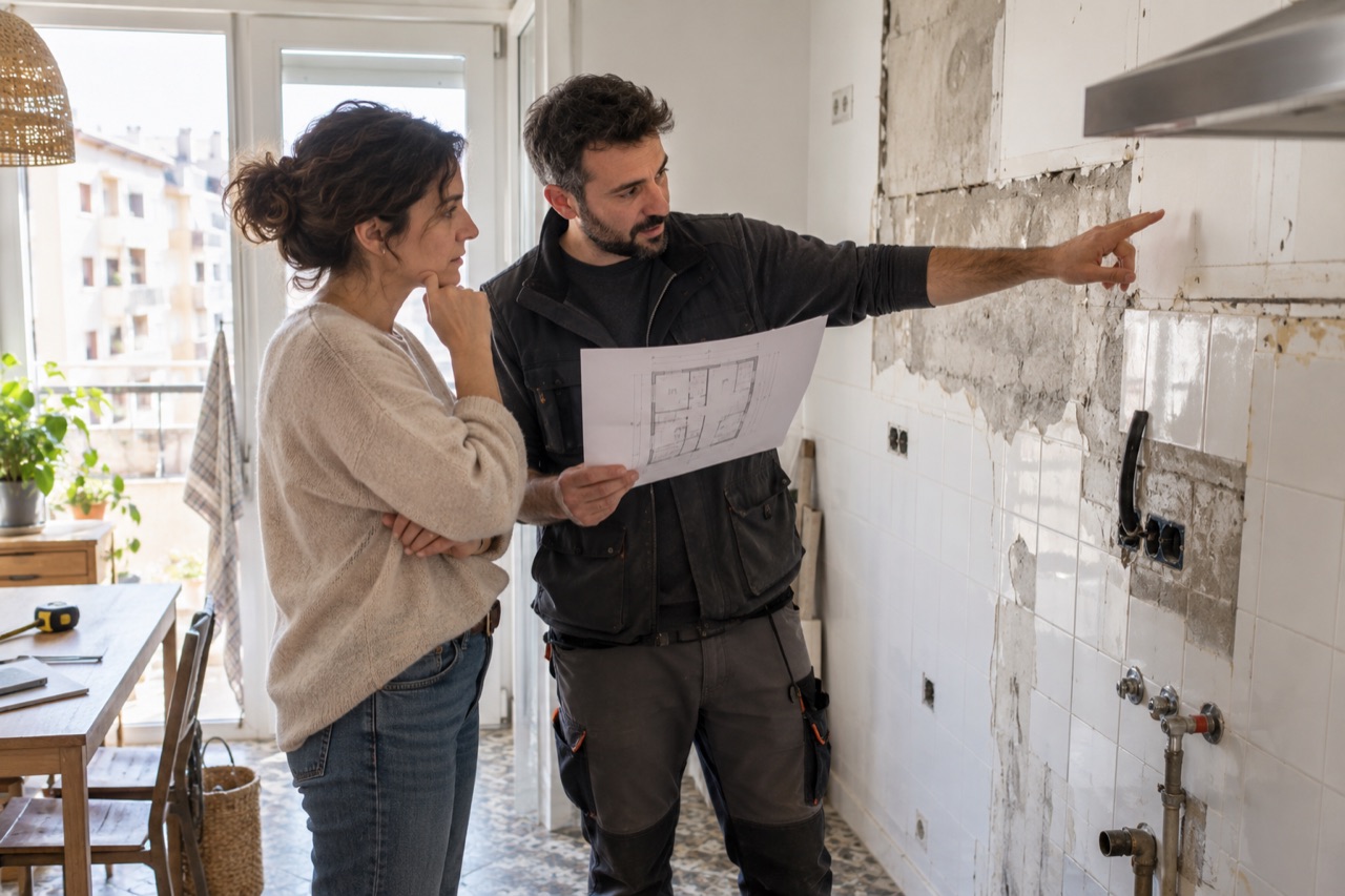Propietaria y profesional revisando con un plano la pared de una cocina que se va a reformar