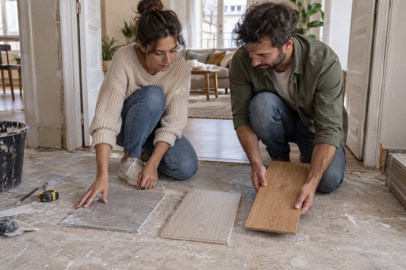 Pareja comparando muestras de suelo cerámico y madera sobre la base de una vivienda