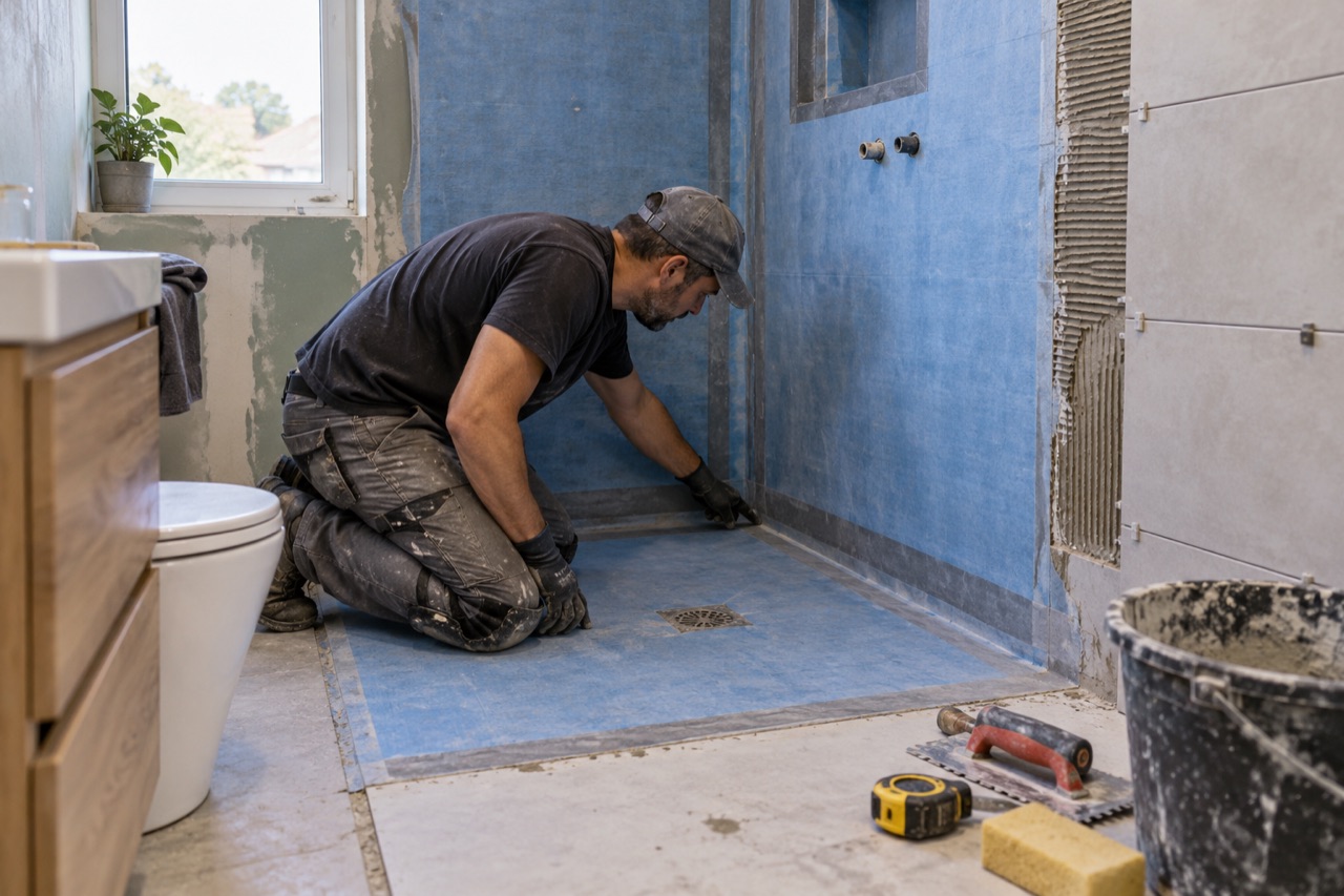 Profesional comprobando la membrana impermeable en el encuentro de suelo y pared de una ducha