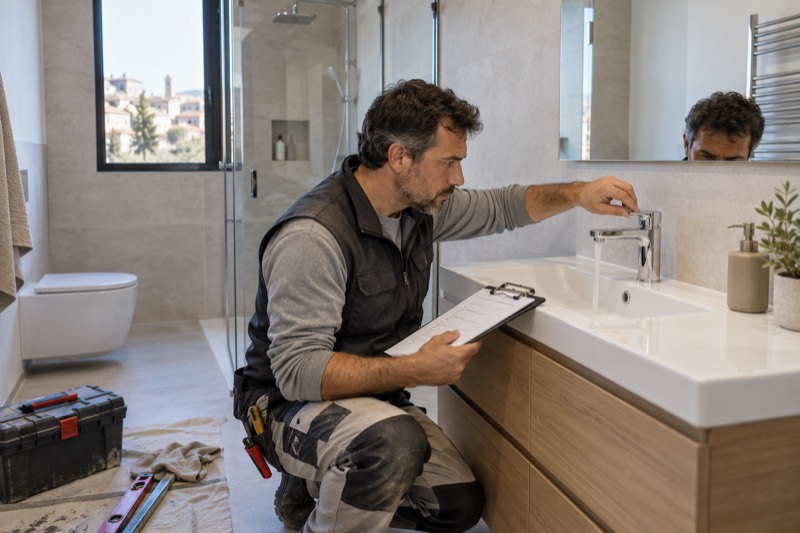 Profesional comprobando el grifo de un baño terminado con una lista de revisión