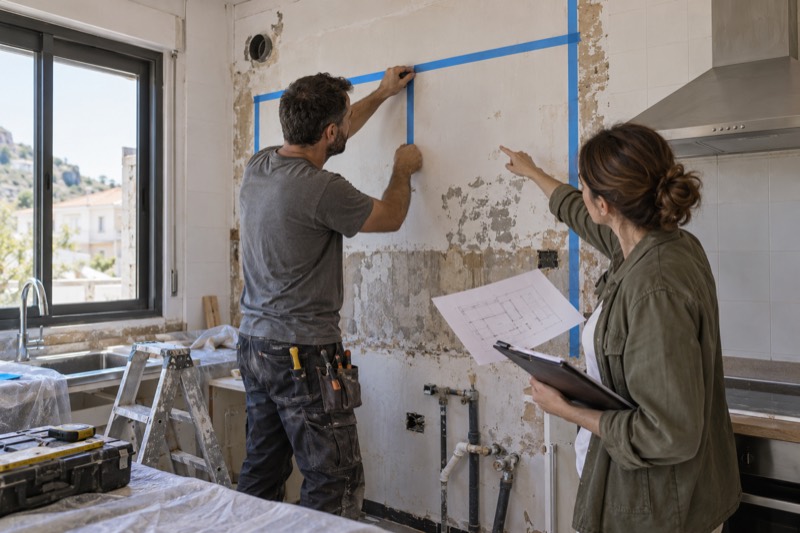 Profesional y clienta delimitando con cinta la zona de trabajo de una cocina