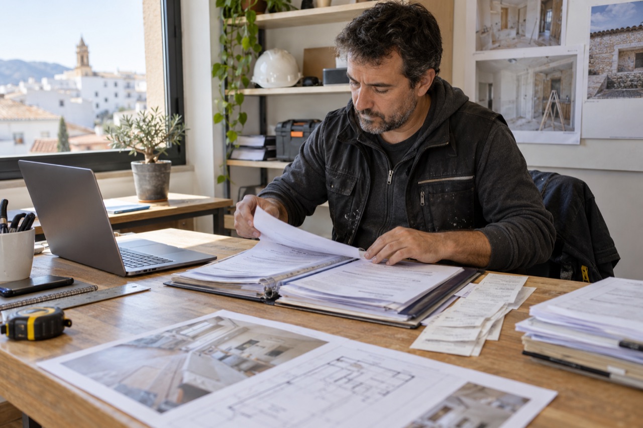 Profesional ordenando presupuesto, cambios y facturas en el expediente de una obra