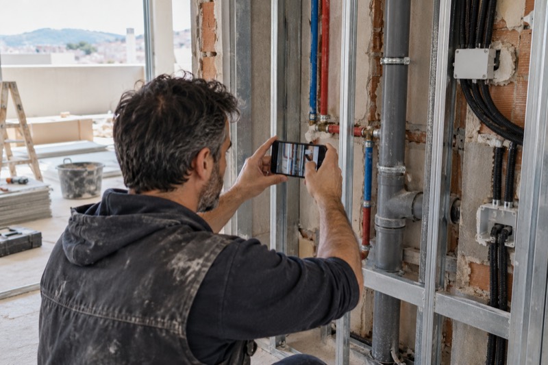 Profesional fotografiando tuberías y cableado antes de cerrar una pared