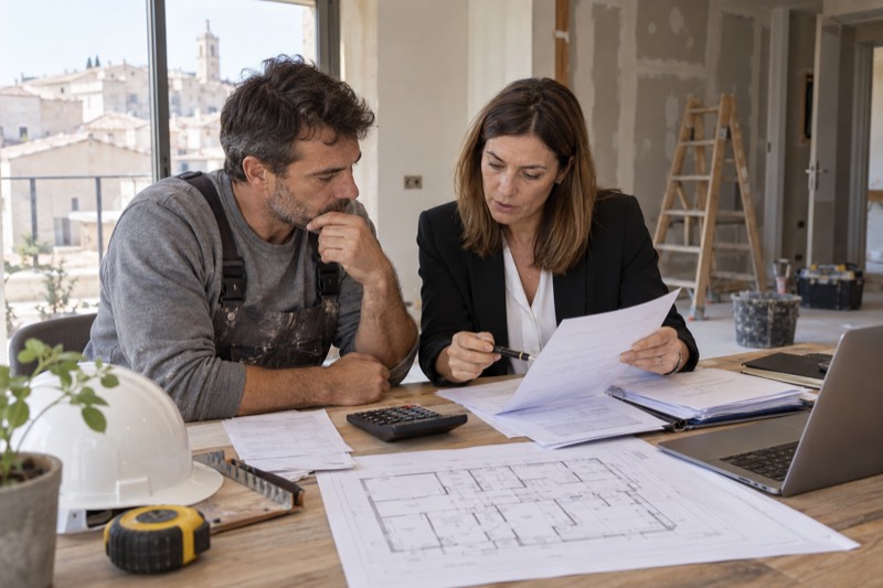 Profesional y asesora revisando documentación fiscal de una reforma de vivienda