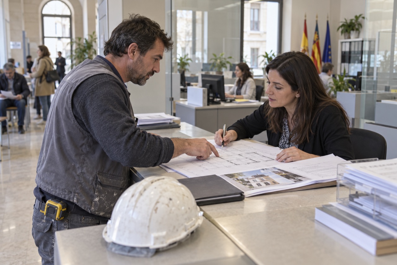 Profesional consultando un plano de reforma en una oficina municipal