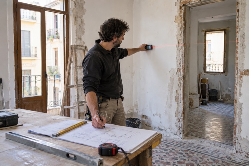 Profesional usando un medidor láser y tomando notas en una vivienda existente