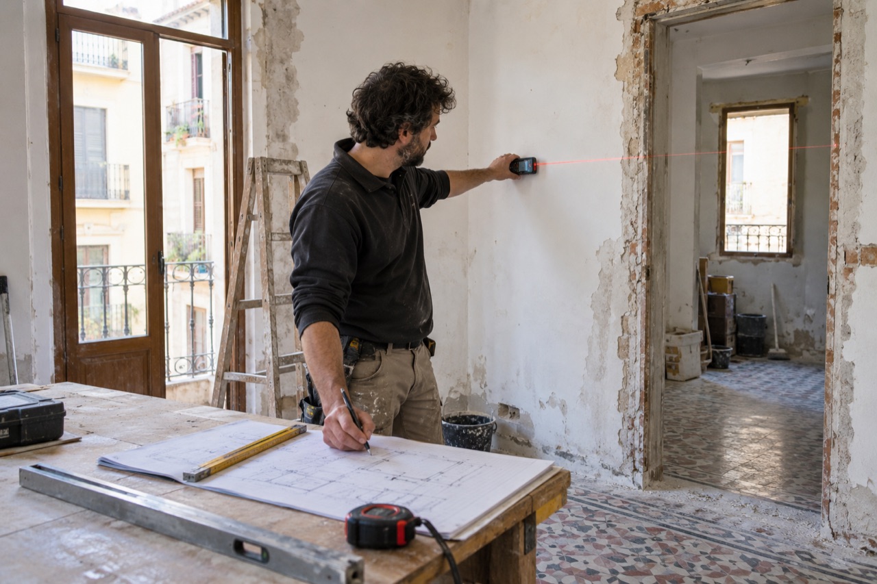 Profesional usando un medidor láser y tomando notas en una vivienda existente