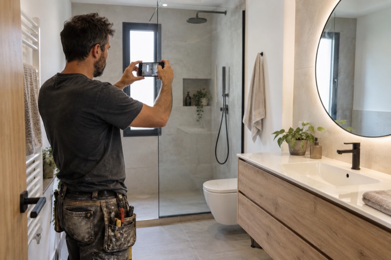 Profesional fotografiando un baño terminado para mostrar su trabajo