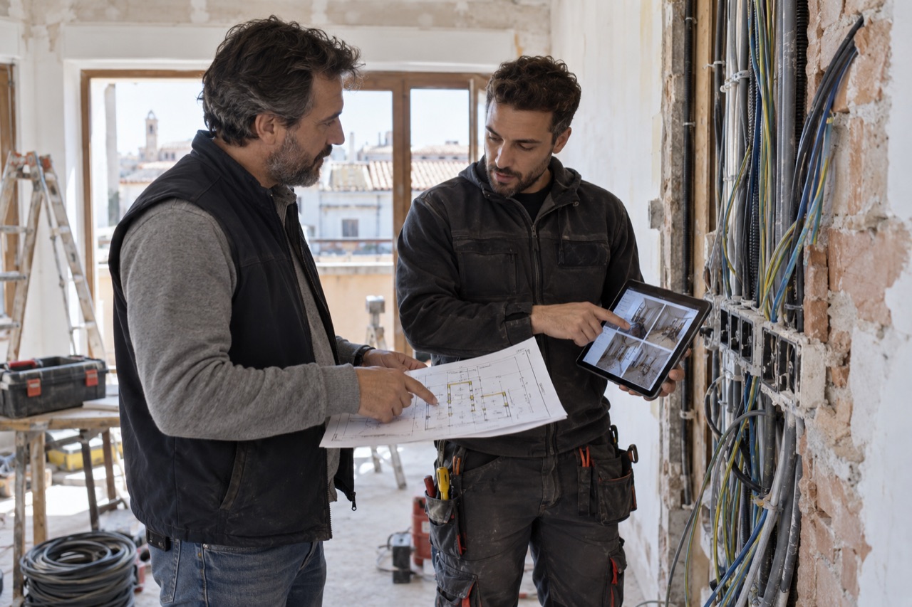 Contratista y electricista revisando un plano y trabajos previos en la obra