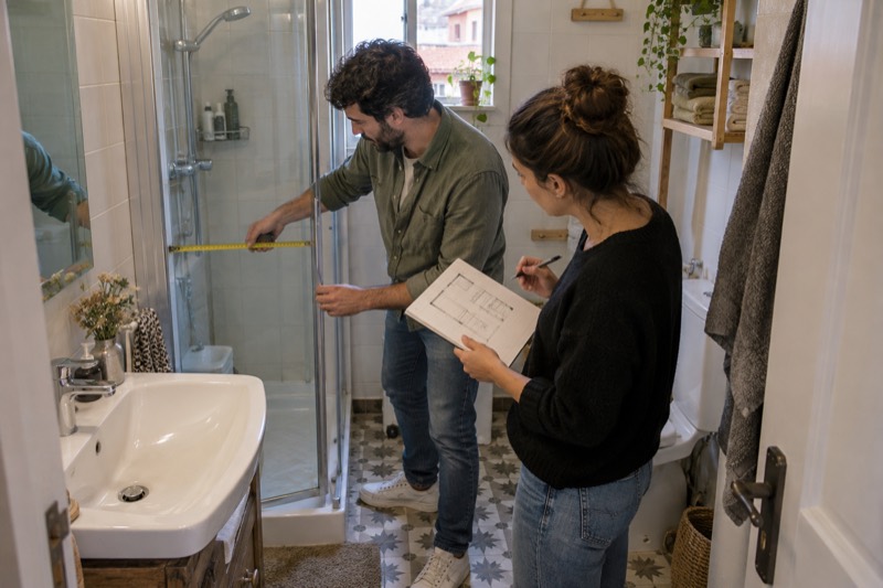 Profesional y clienta midiendo la entrada de ducha en un baño pequeño