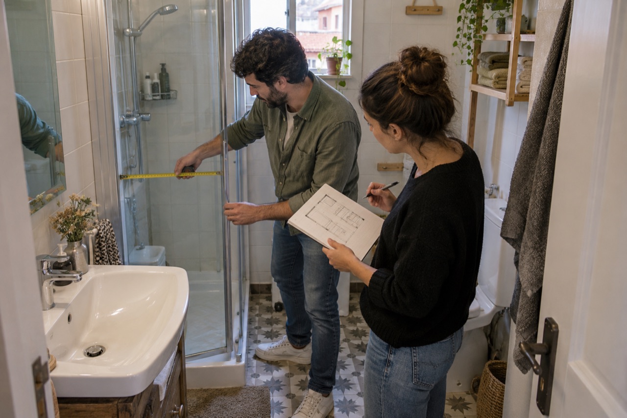Profesional y clienta midiendo la entrada de ducha en un baño pequeño
