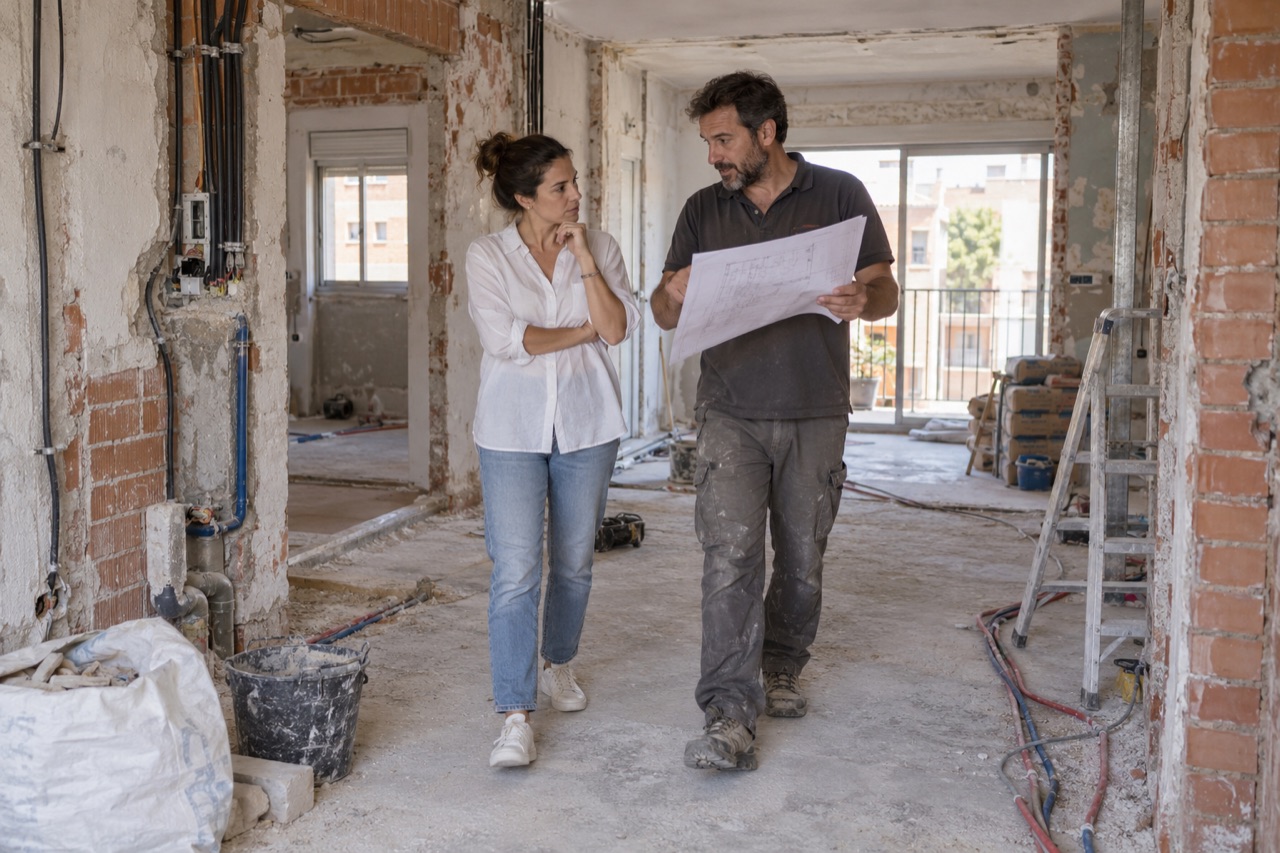 Propietaria y contratista recorriendo un piso vaciado con el plano de la reforma