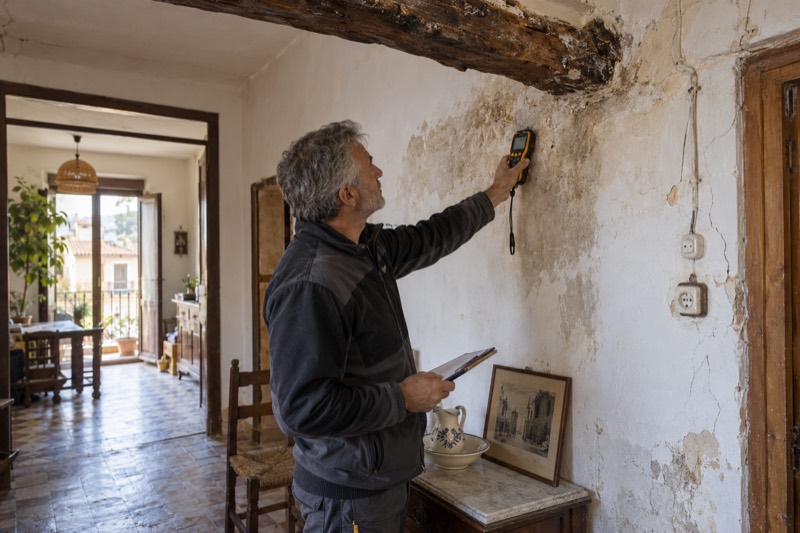 Especialista midiendo humedad en una pared antigua bajo una viga de madera