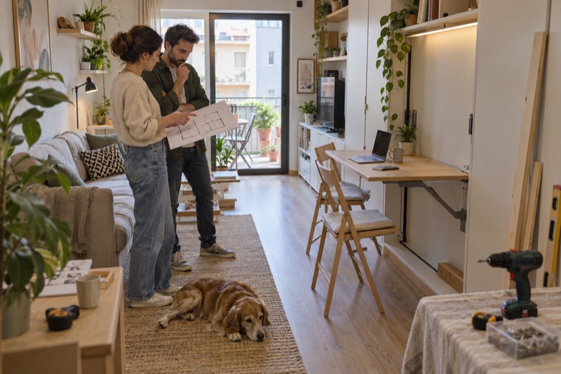 Propietaria y diseñador revisando un plano junto a una mesa abatible en un piso pequeño
