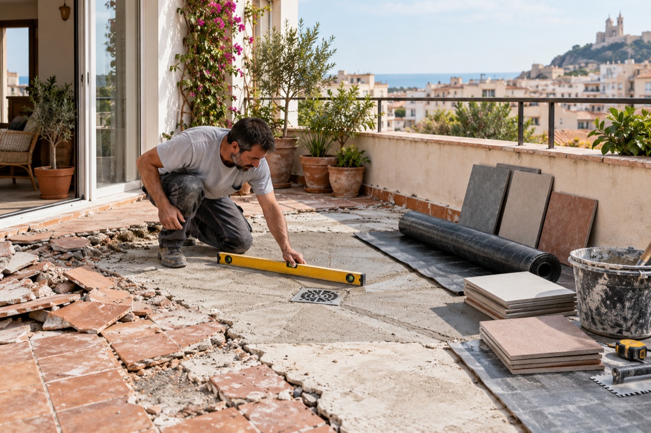 Profesional comprobando la pendiente de una terraza hacia el sumidero